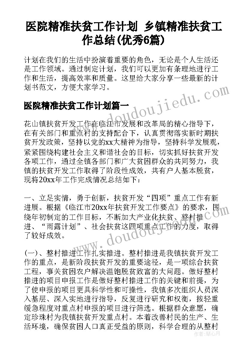 医院精准扶贫工作计划 乡镇精准扶贫工作总结(优秀6篇)