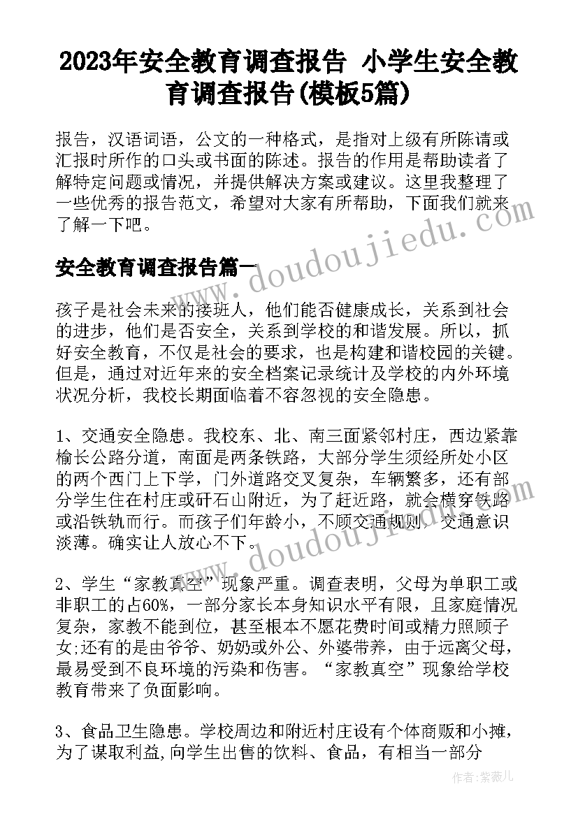 2023年安全教育调查报告 小学生安全教育调查报告(模板5篇)