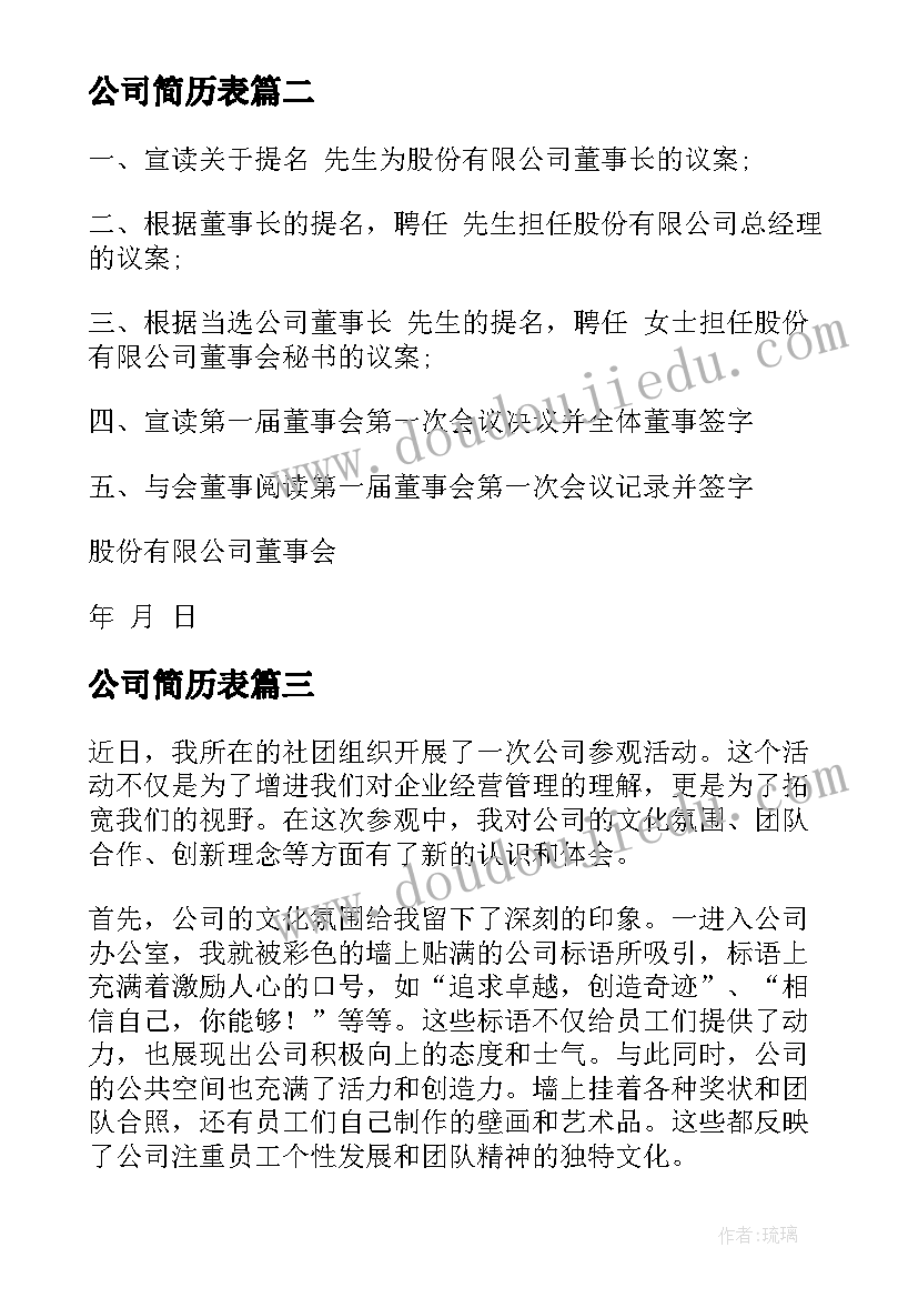 最新公司简历表 公司参观心得体会(通用9篇)