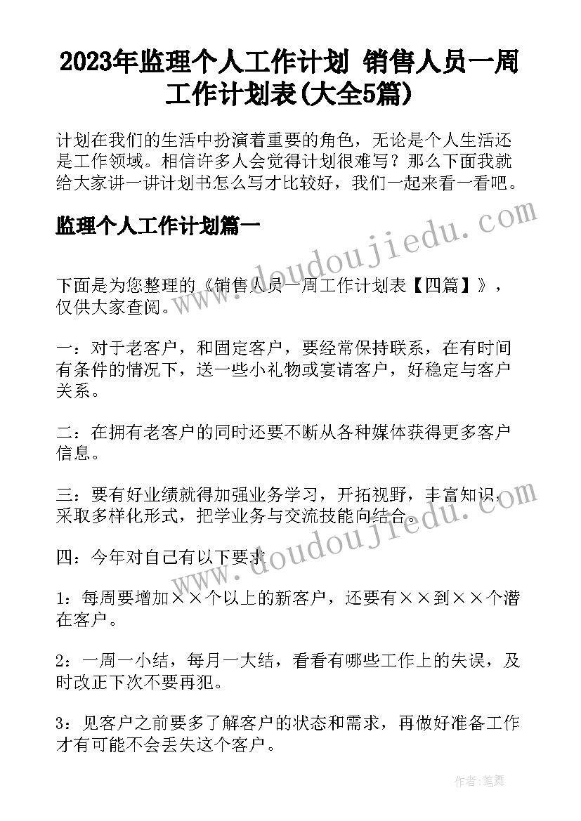 2023年监理个人工作计划 销售人员一周工作计划表(大全5篇)