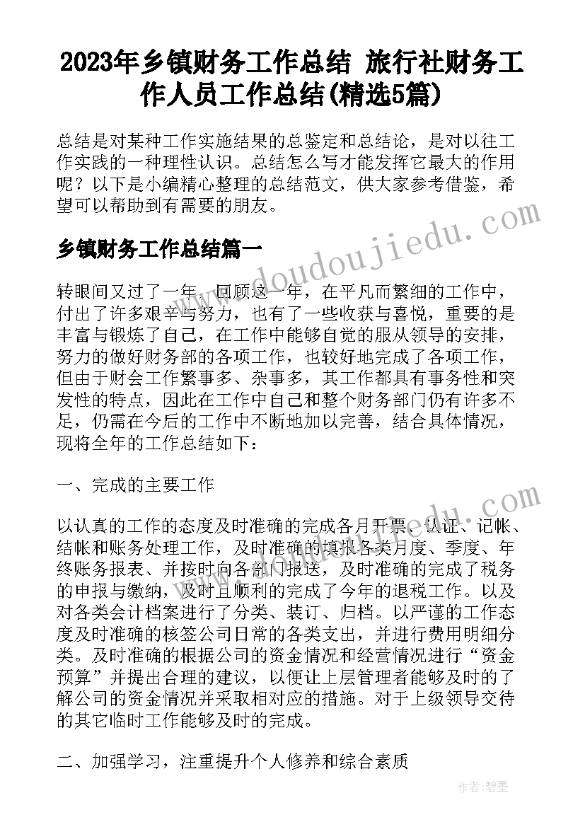 2023年乡镇财务工作总结 旅行社财务工作人员工作总结(精选5篇)