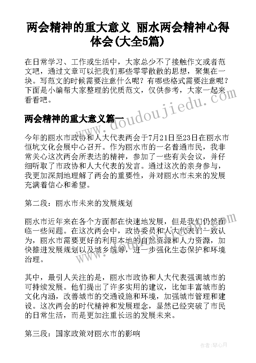 两会精神的重大意义 丽水两会精神心得体会(大全5篇)