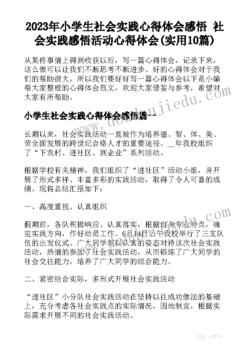 2023年小学生社会实践心得体会感悟 社会实践感悟活动心得体会(实用10篇)