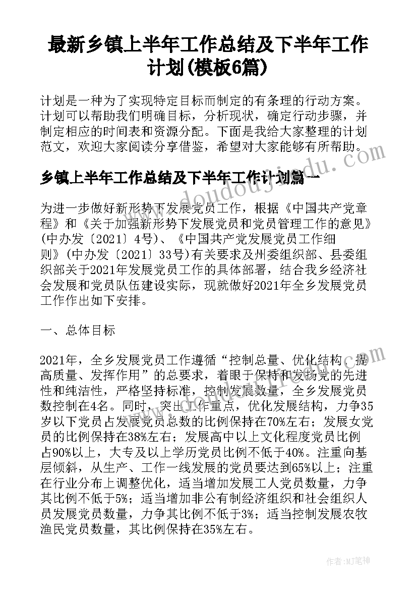 最新乡镇上半年工作总结及下半年工作计划(模板6篇)