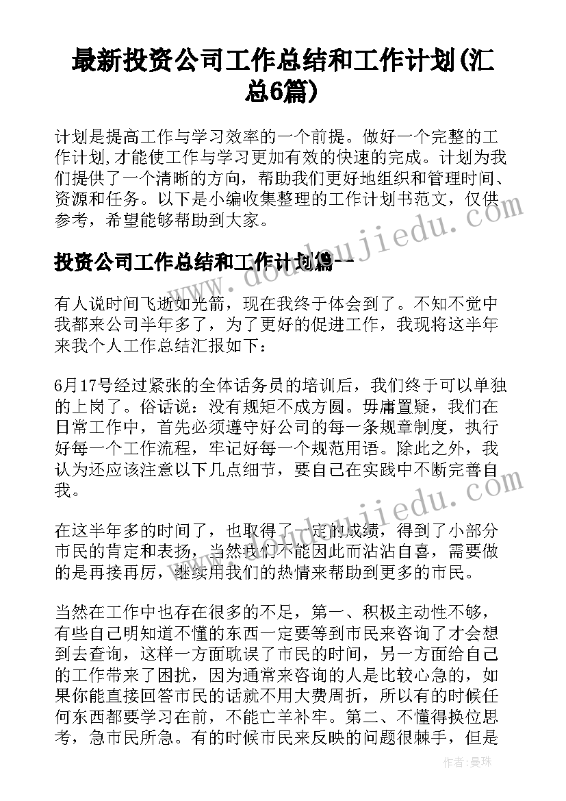 最新投资公司工作总结和工作计划(汇总6篇)