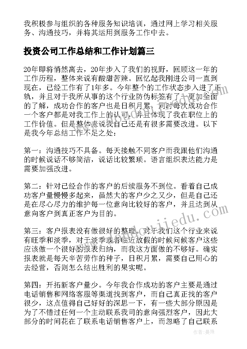 最新投资公司工作总结和工作计划(汇总6篇)