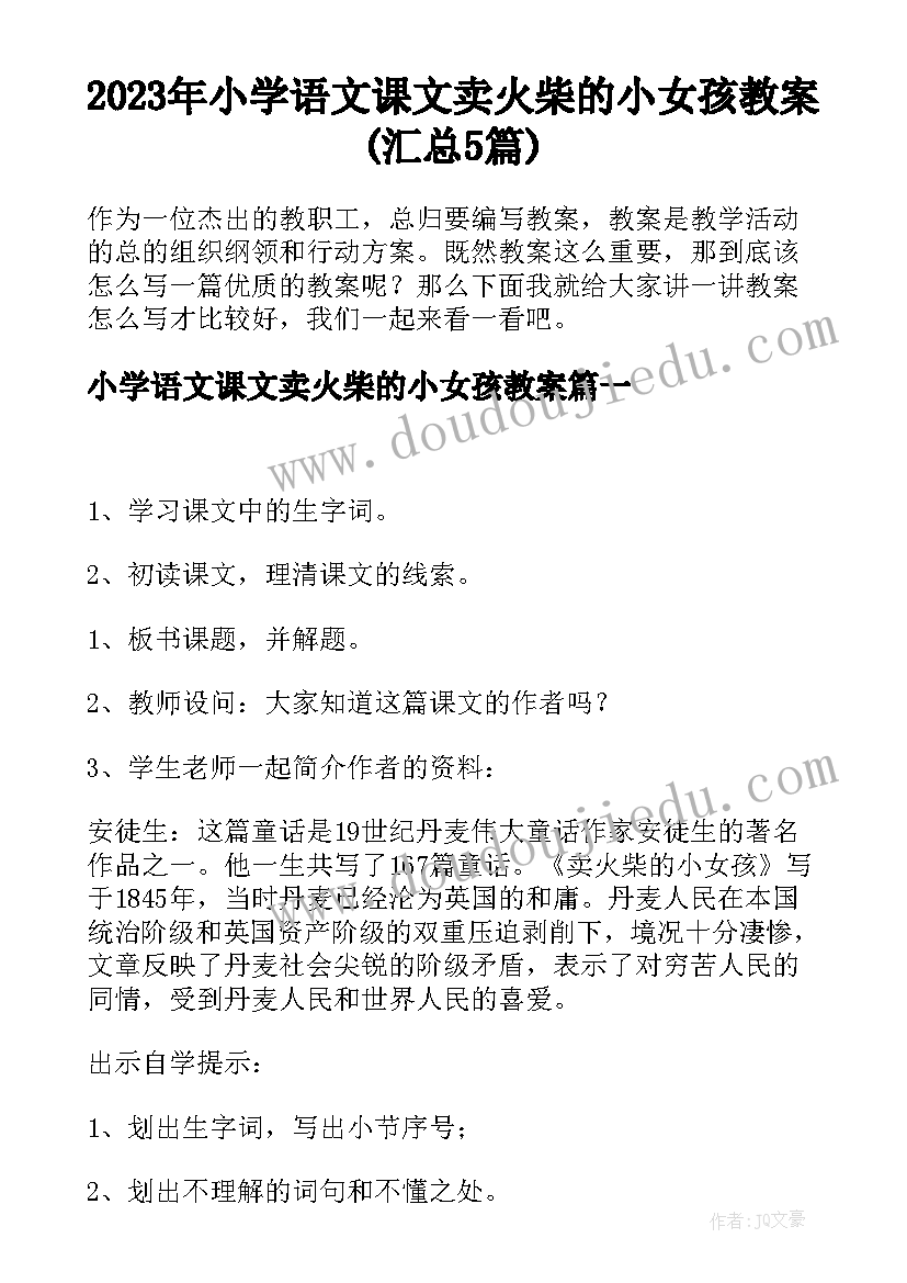 2023年小学语文课文卖火柴的小女孩教案(汇总5篇)