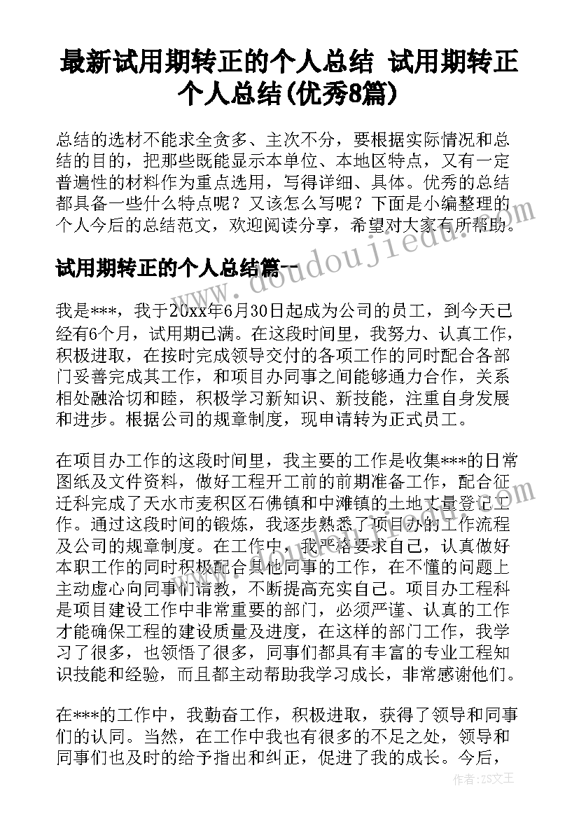 最新试用期转正的个人总结 试用期转正个人总结(优秀8篇)