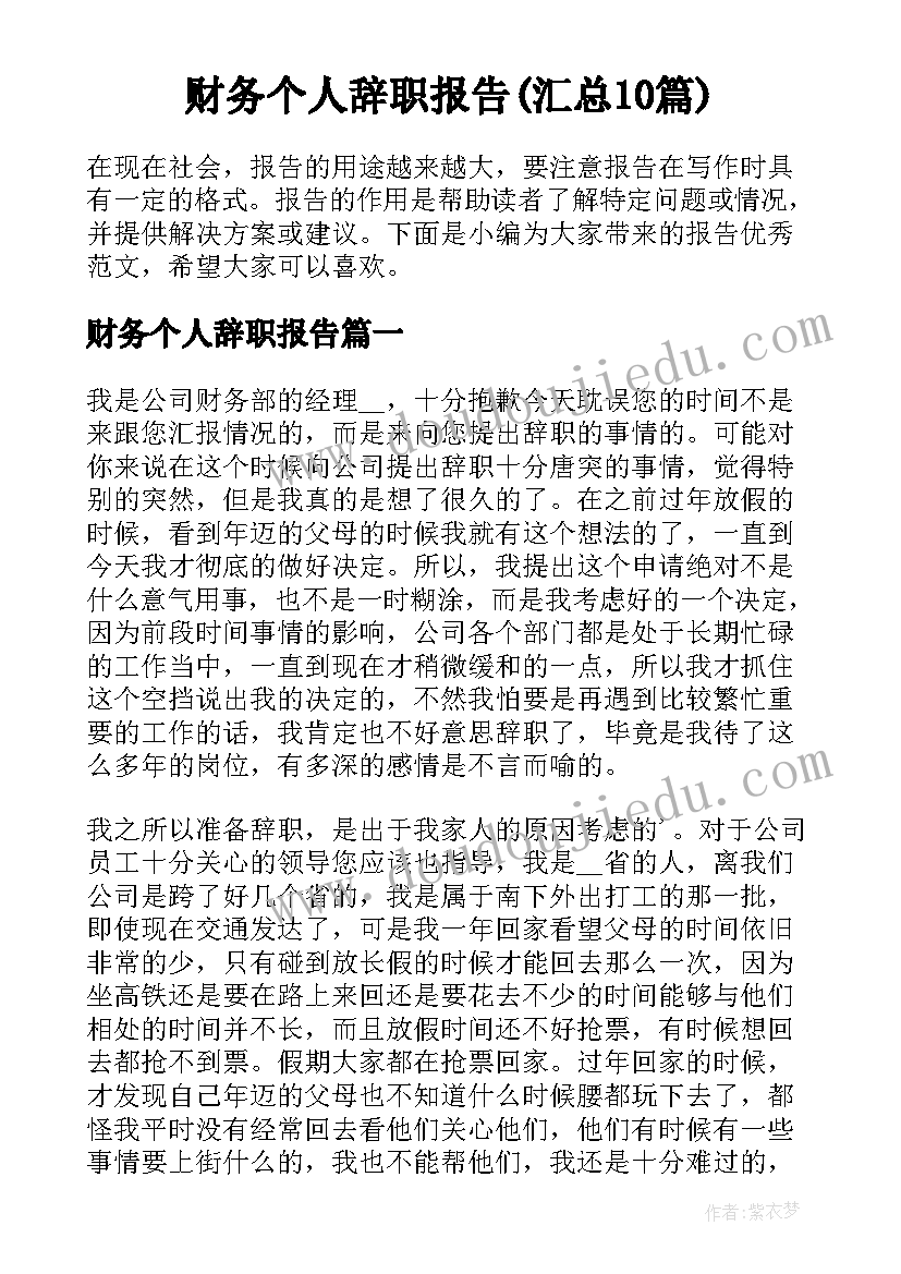 财务个人辞职报告(汇总10篇)