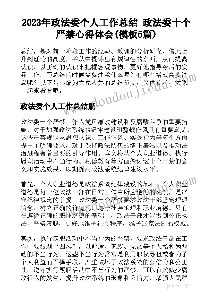 2023年政法委个人工作总结 政法委十个严禁心得体会(模板5篇)