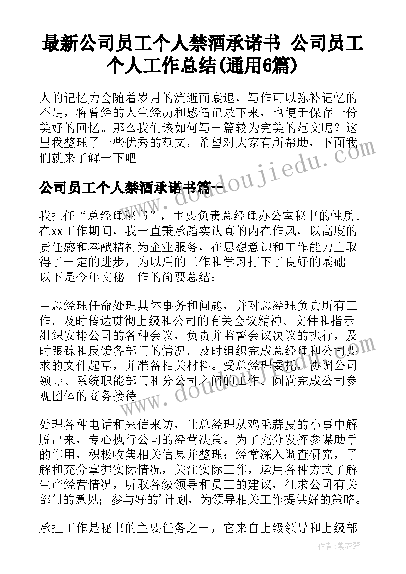 最新公司员工个人禁酒承诺书 公司员工个人工作总结(通用6篇)