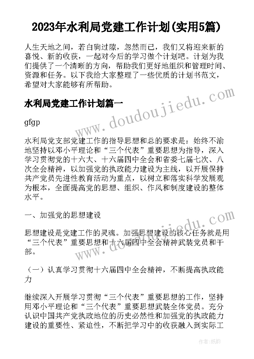 2023年水利局党建工作计划(实用5篇)