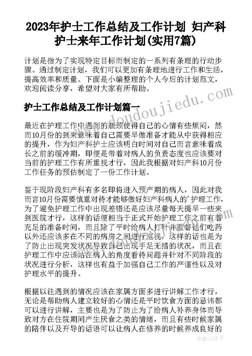 2023年护士工作总结及工作计划 妇产科护士来年工作计划(实用7篇)