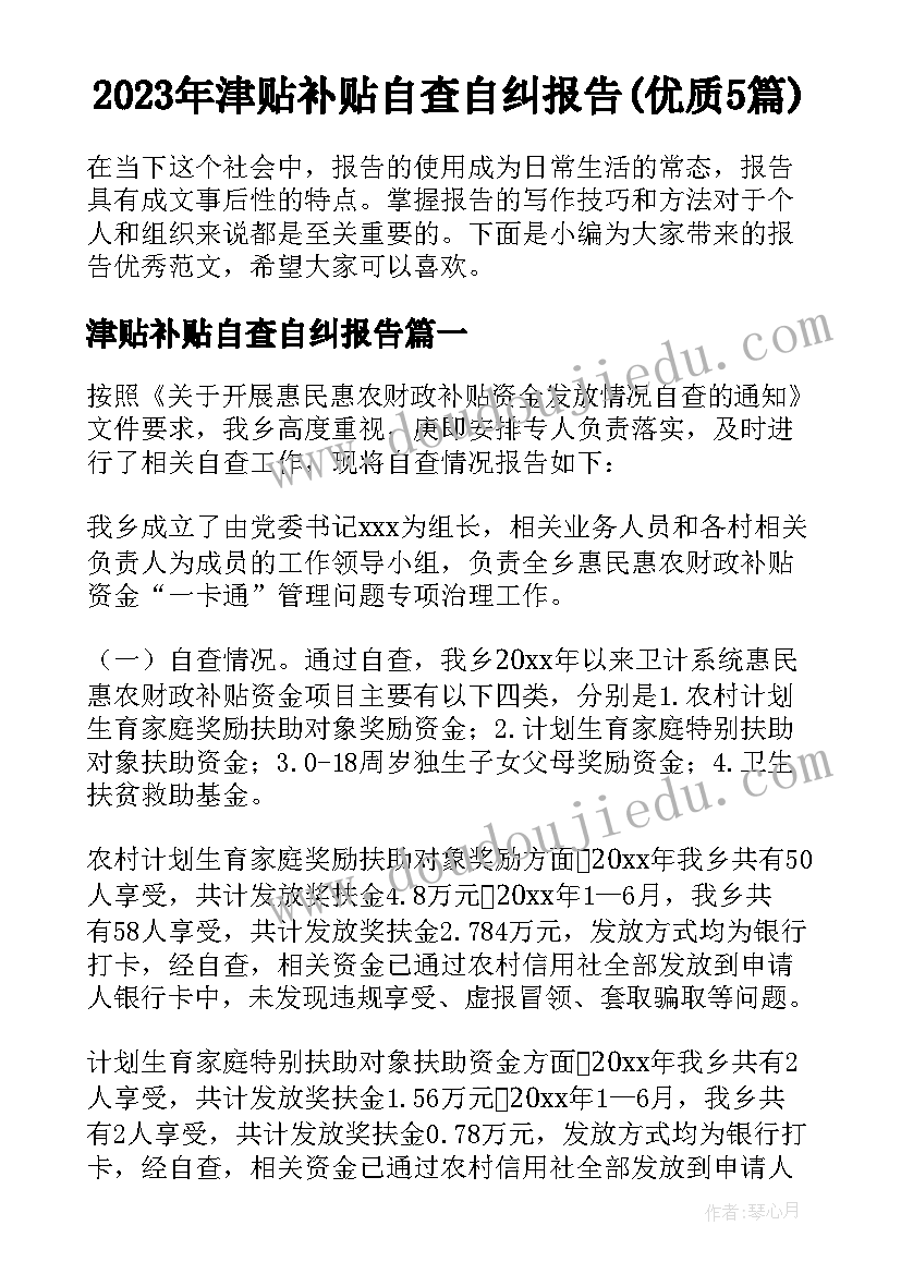 2023年津贴补贴自查自纠报告(优质5篇)