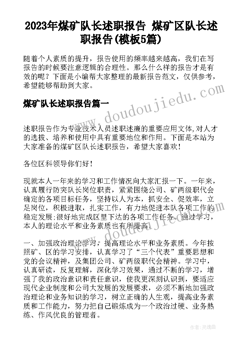 2023年煤矿队长述职报告 煤矿区队长述职报告(模板5篇)