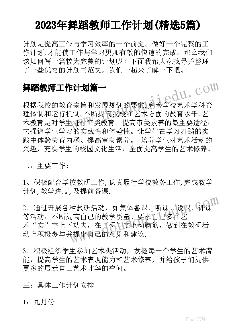 2023年舞蹈教师工作计划(精选5篇)