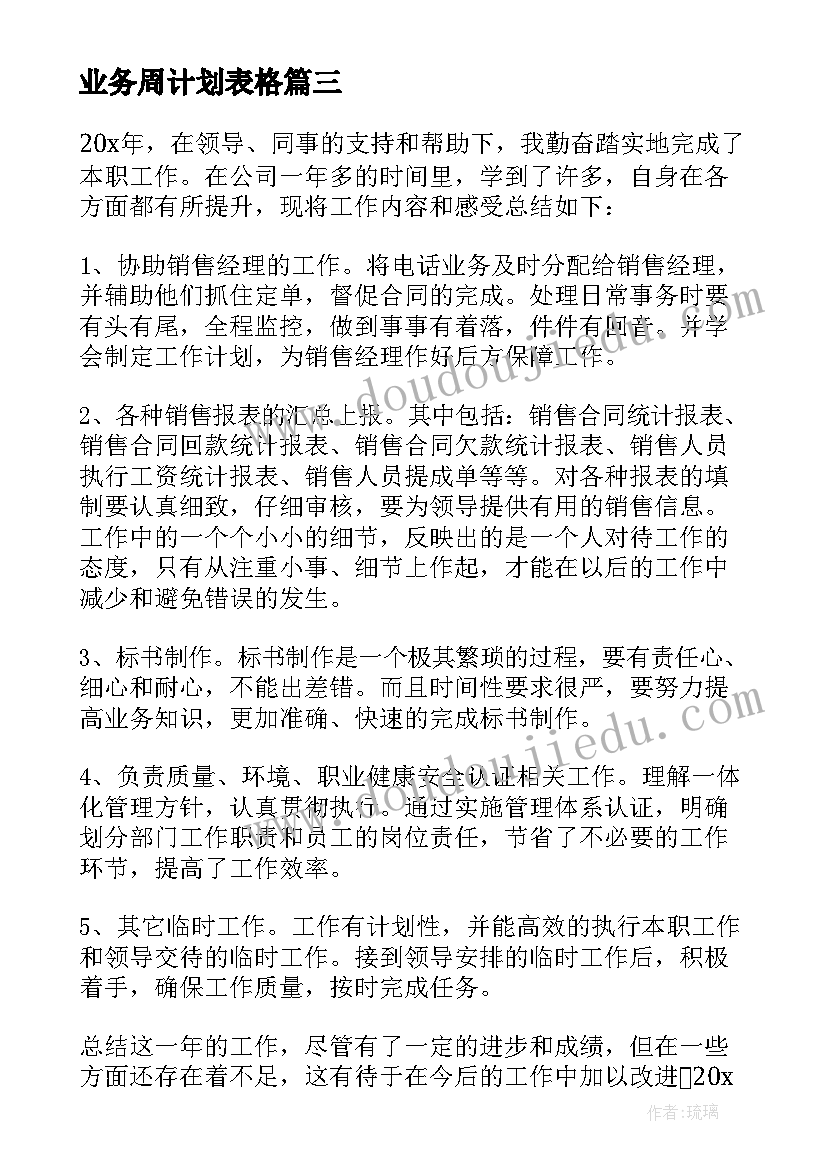 业务周计划表格 销售的周计划和周总结(大全5篇)