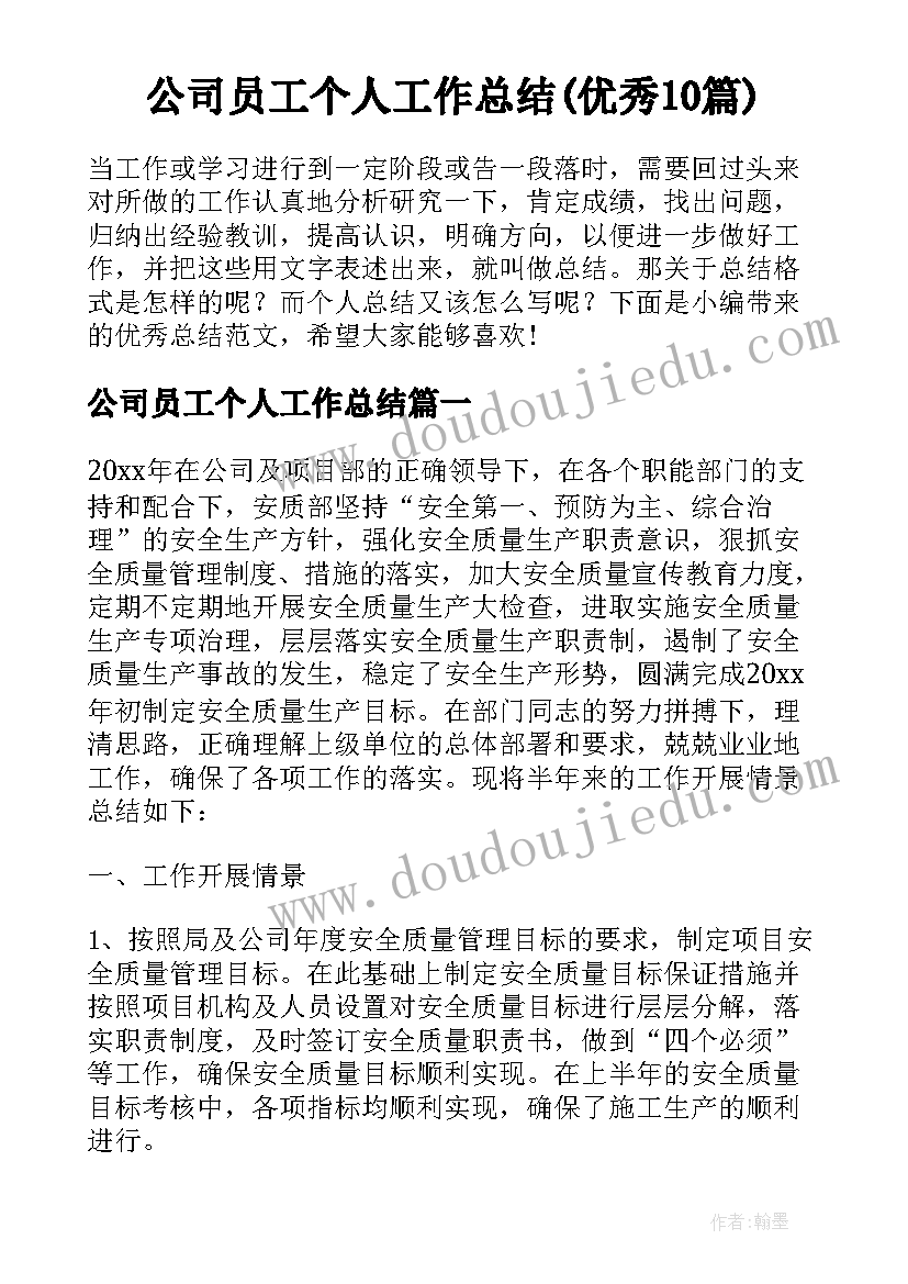 公司员工个人工作总结(优秀10篇)