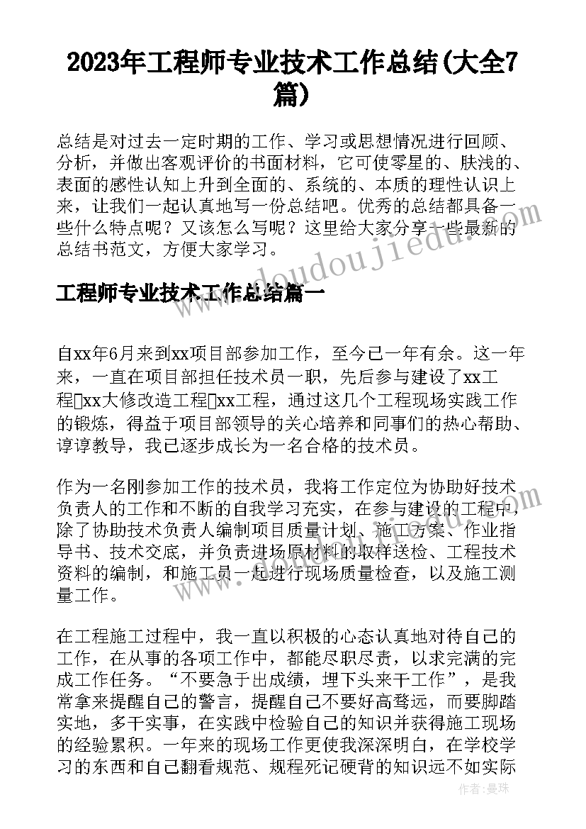 2023年工程师专业技术工作总结(大全7篇)