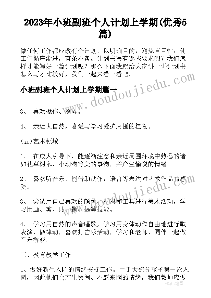 2023年小班副班个人计划上学期(优秀5篇)