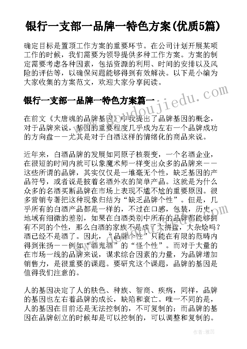 银行一支部一品牌一特色方案(优质5篇)