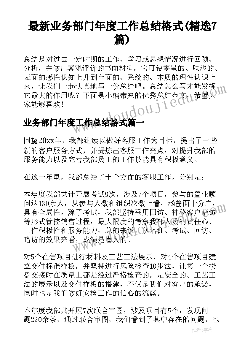 最新业务部门年度工作总结格式(精选7篇)