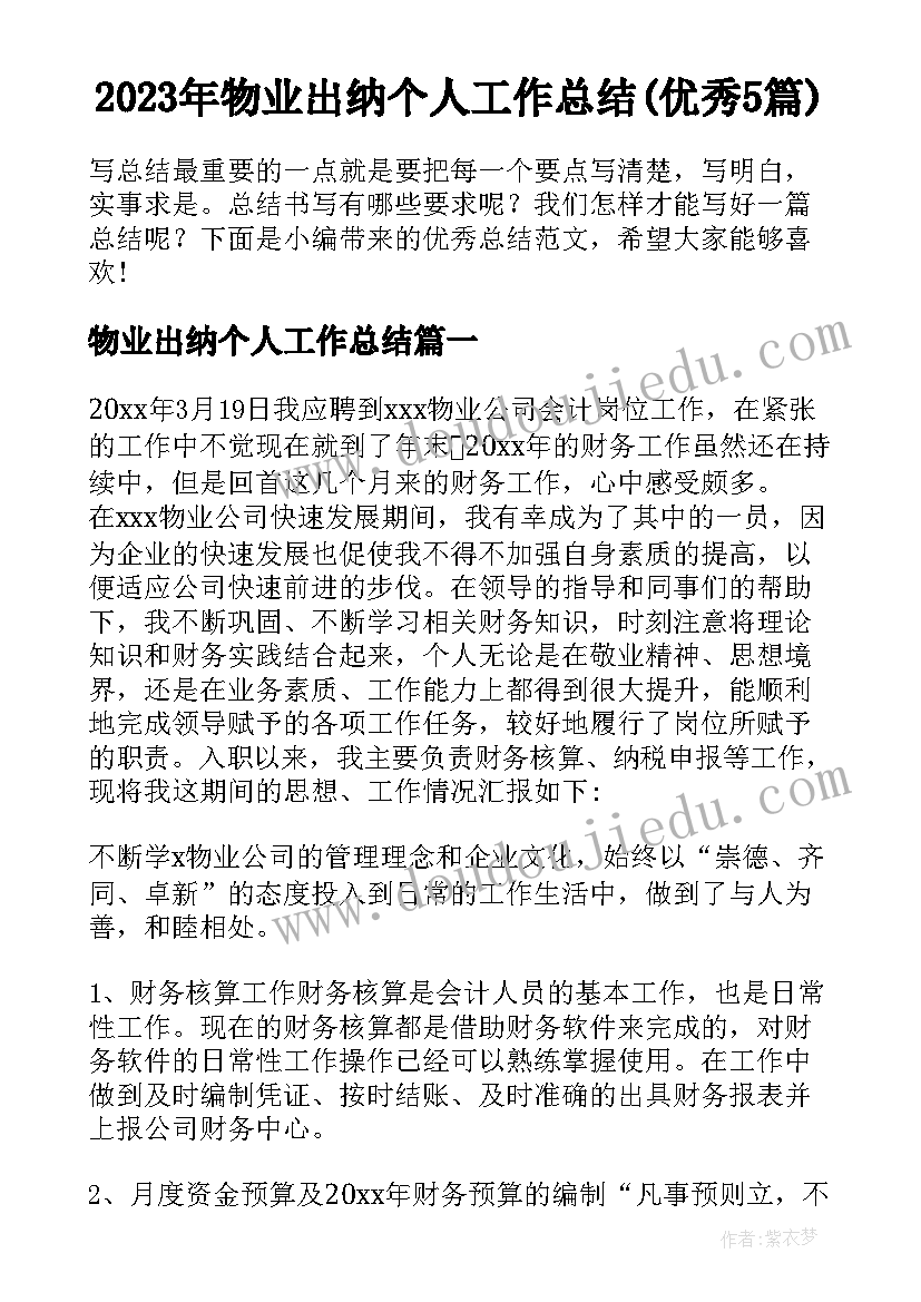 2023年物业出纳个人工作总结(优秀5篇)