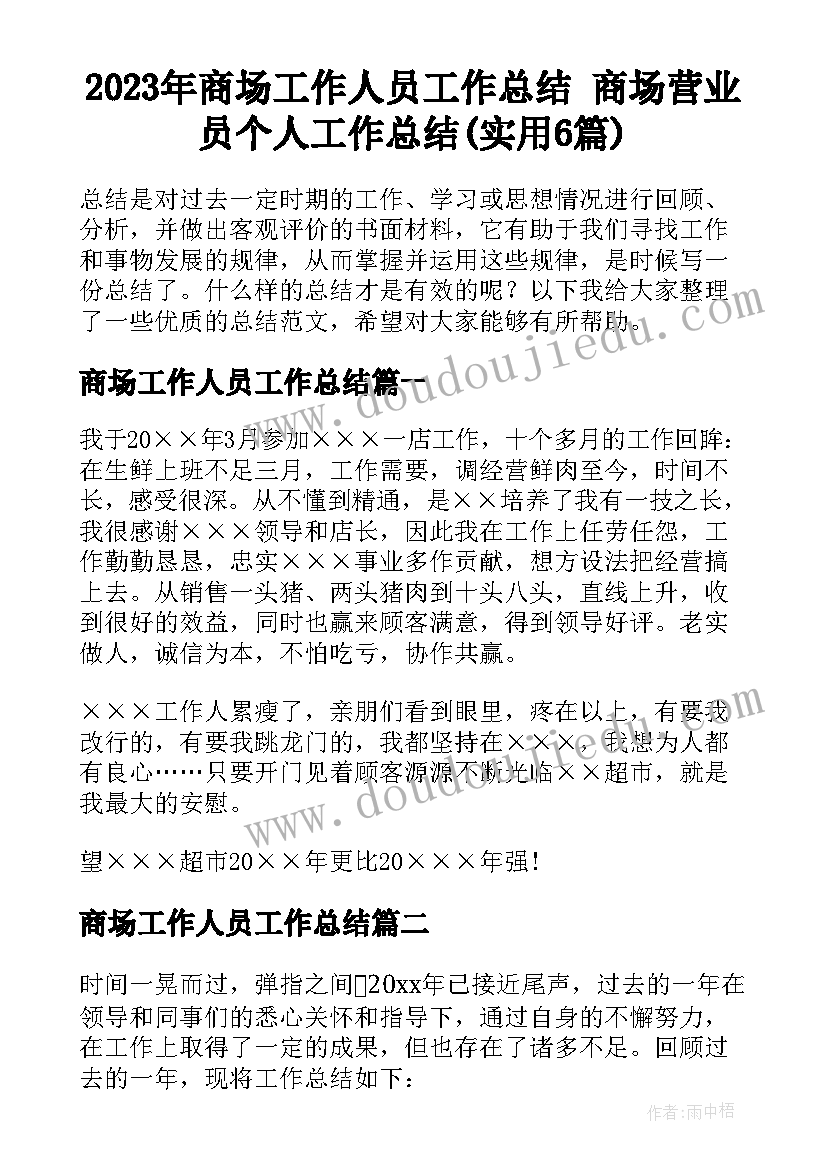 2023年商场工作人员工作总结 商场营业员个人工作总结(实用6篇)