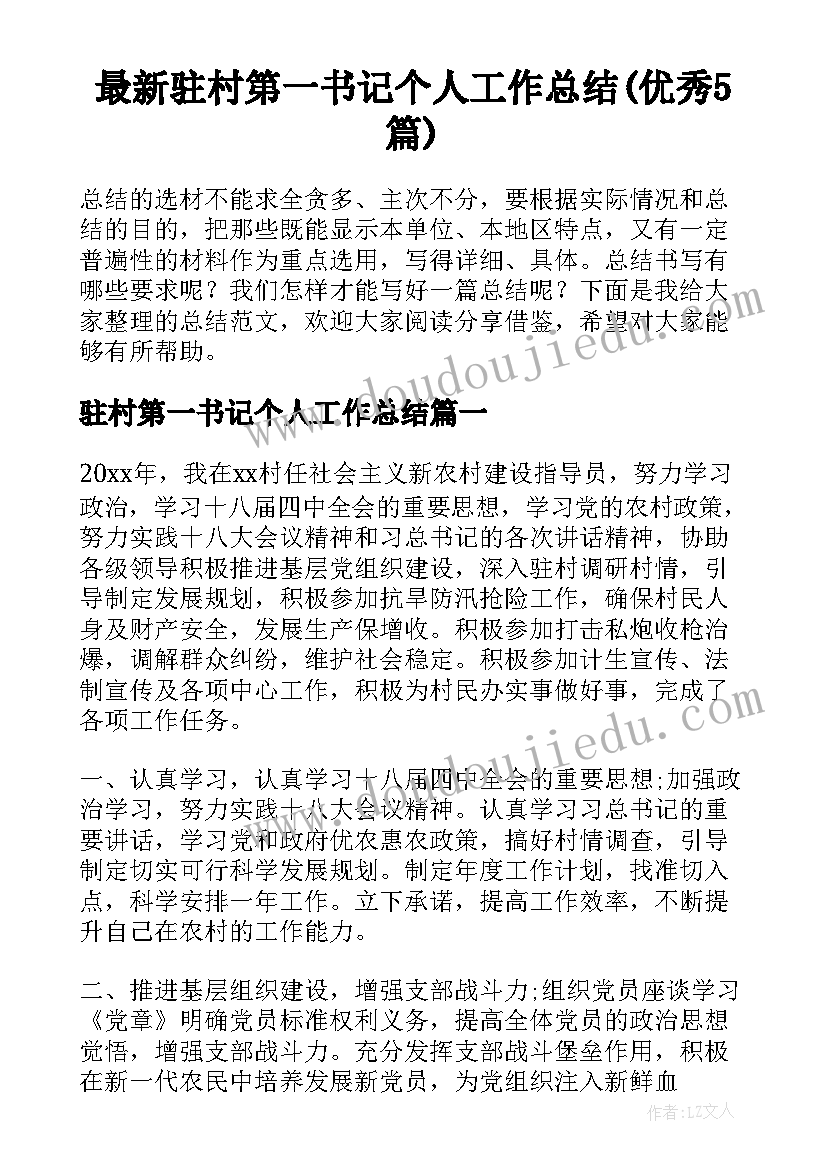 最新驻村第一书记个人工作总结(优秀5篇)