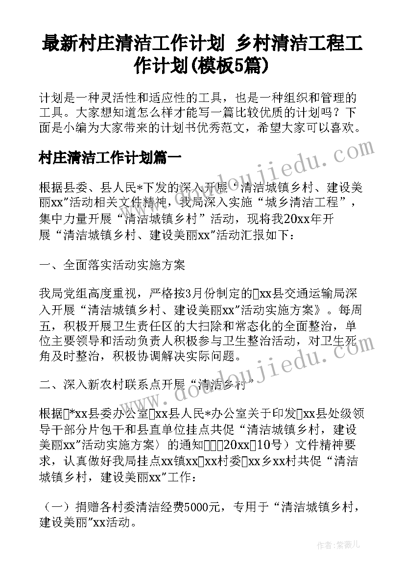 最新村庄清洁工作计划 乡村清洁工程工作计划(模板5篇)