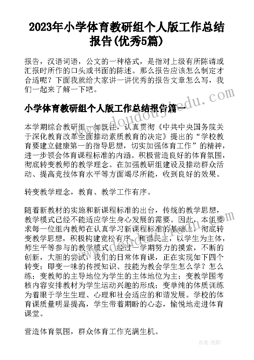 2023年小学体育教研组个人版工作总结报告(优秀5篇)