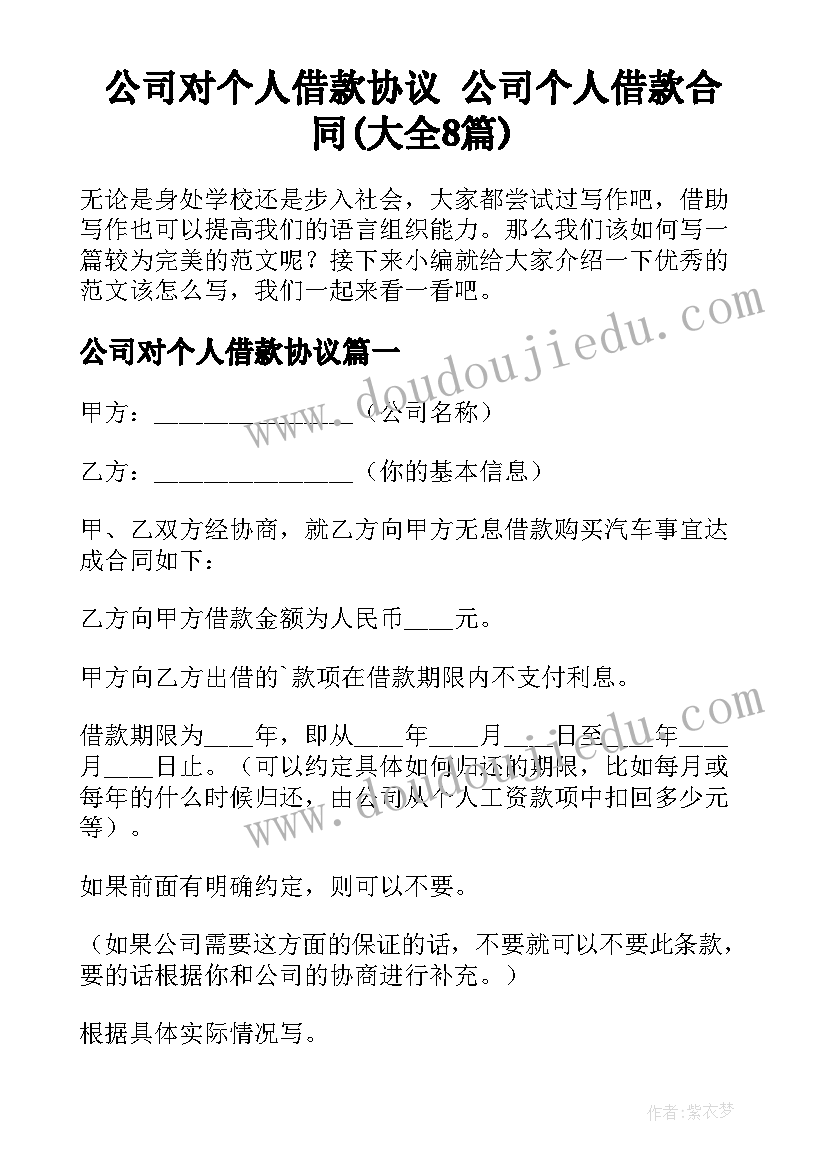 公司对个人借款协议 公司个人借款合同(大全8篇)