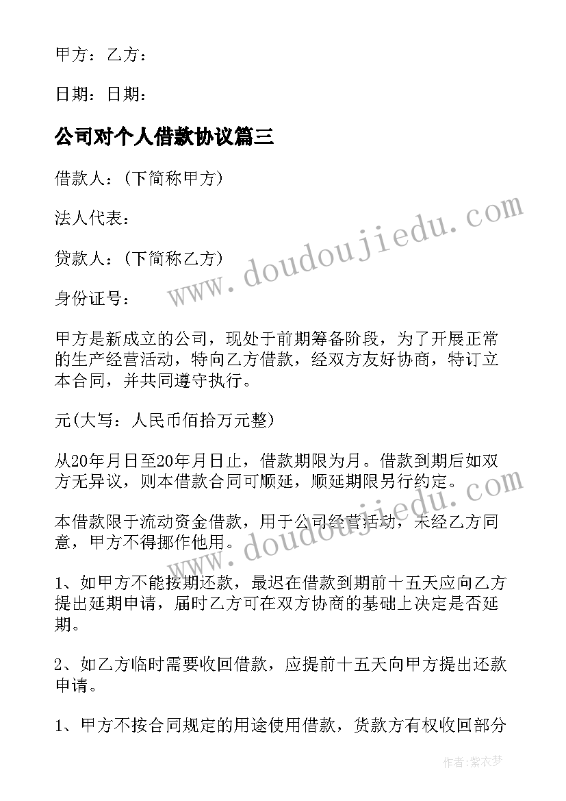 公司对个人借款协议 公司个人借款合同(大全8篇)