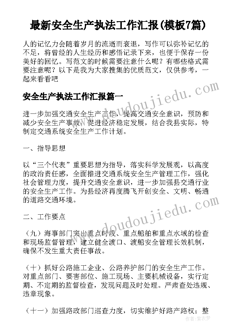 最新安全生产执法工作汇报(模板7篇)