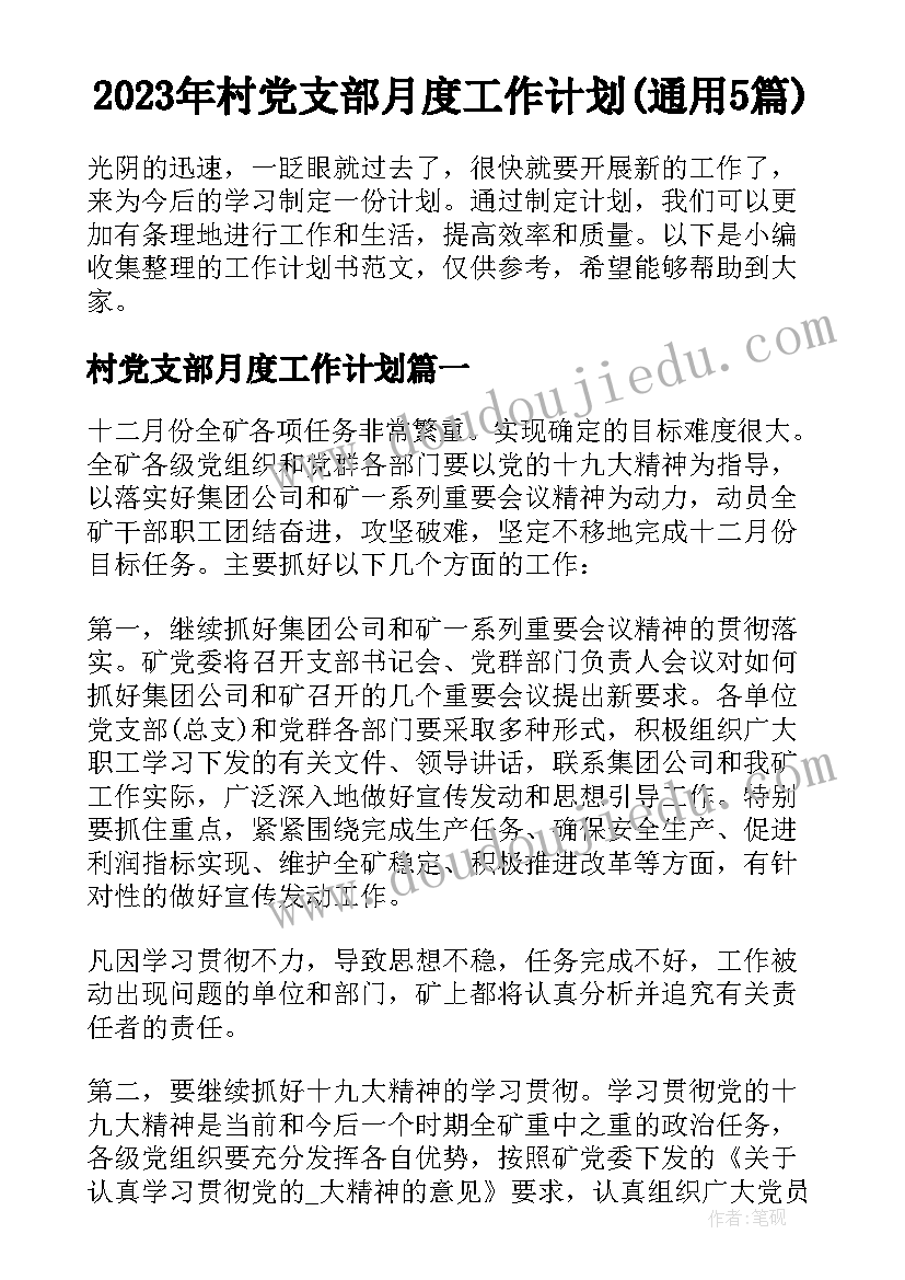 2023年村党支部月度工作计划(通用5篇)