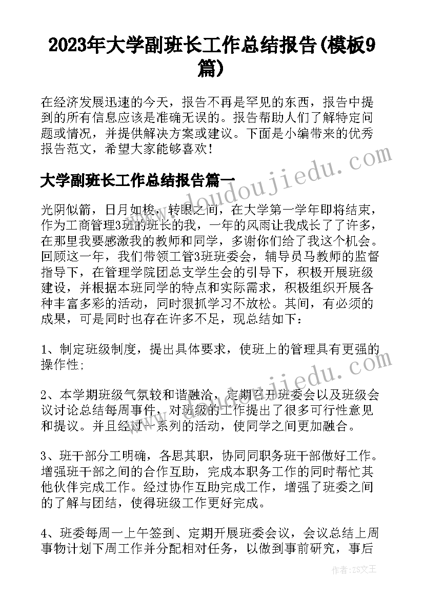 2023年大学副班长工作总结报告(模板9篇)