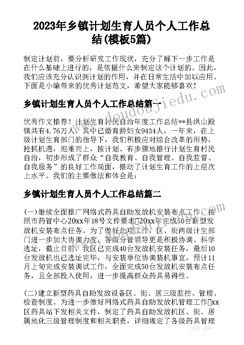 2023年乡镇计划生育人员个人工作总结(模板5篇)