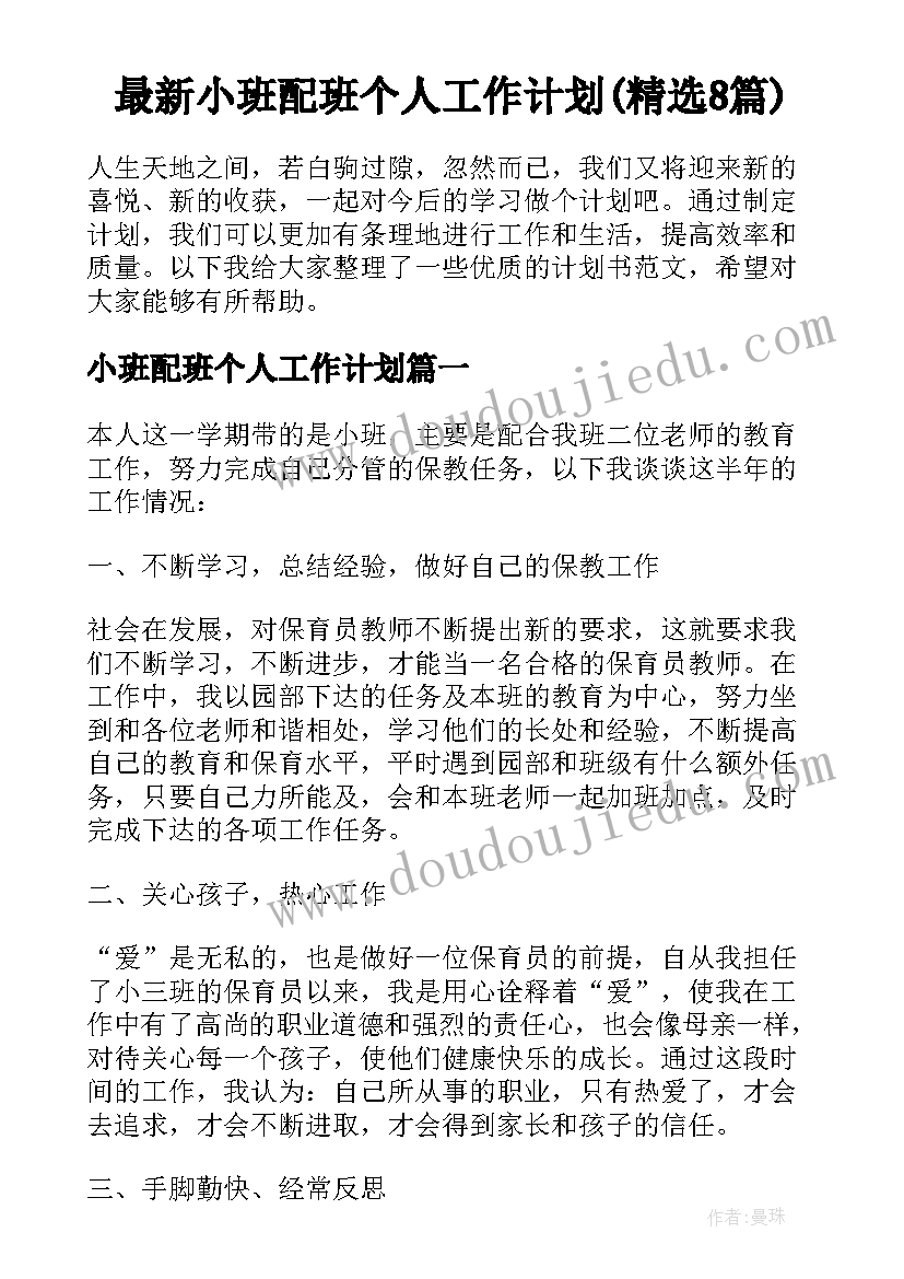 最新小班配班个人工作计划(精选8篇)