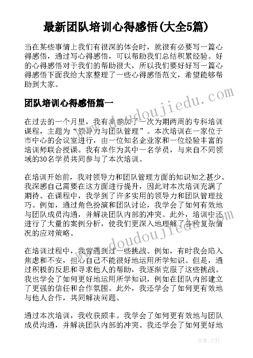 最新团队培训心得感悟(大全5篇)