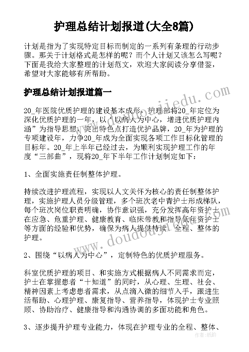 护理总结计划报道(大全8篇)