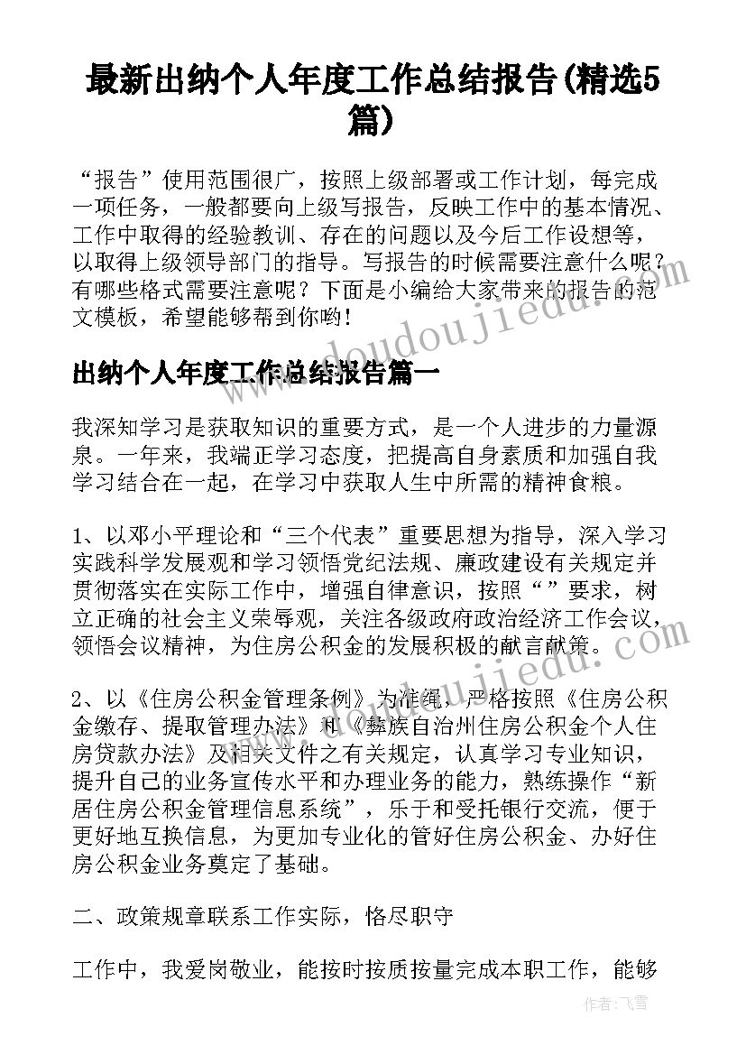 最新出纳个人年度工作总结报告(精选5篇)