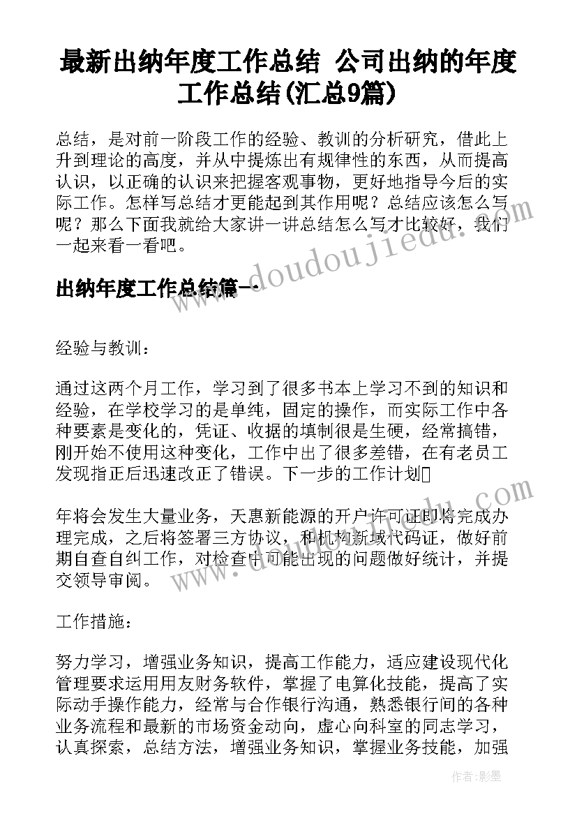 最新出纳年度工作总结 公司出纳的年度工作总结(汇总9篇)