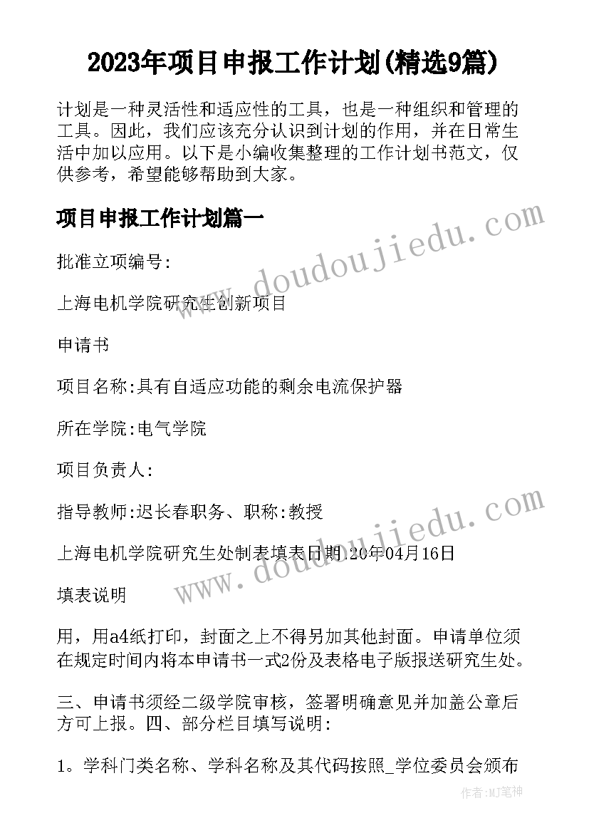 2023年项目申报工作计划(精选9篇)