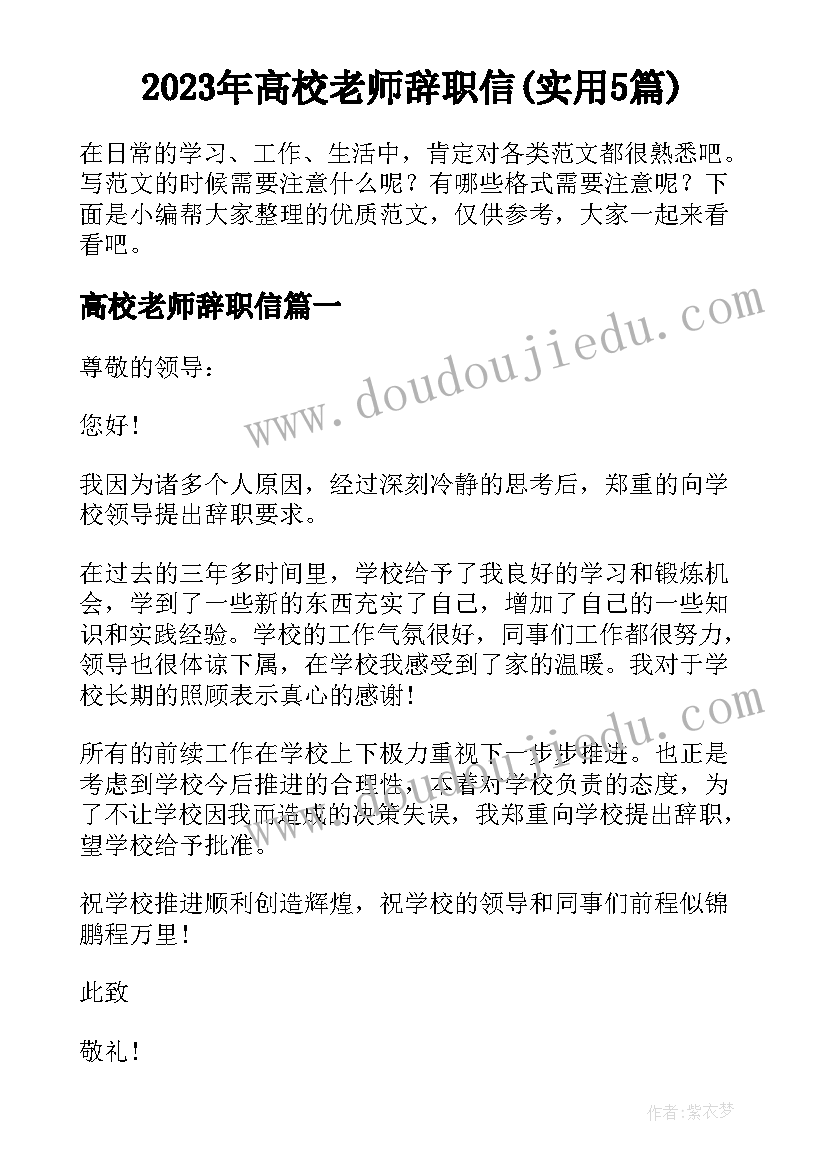 2023年高校老师辞职信(实用5篇)