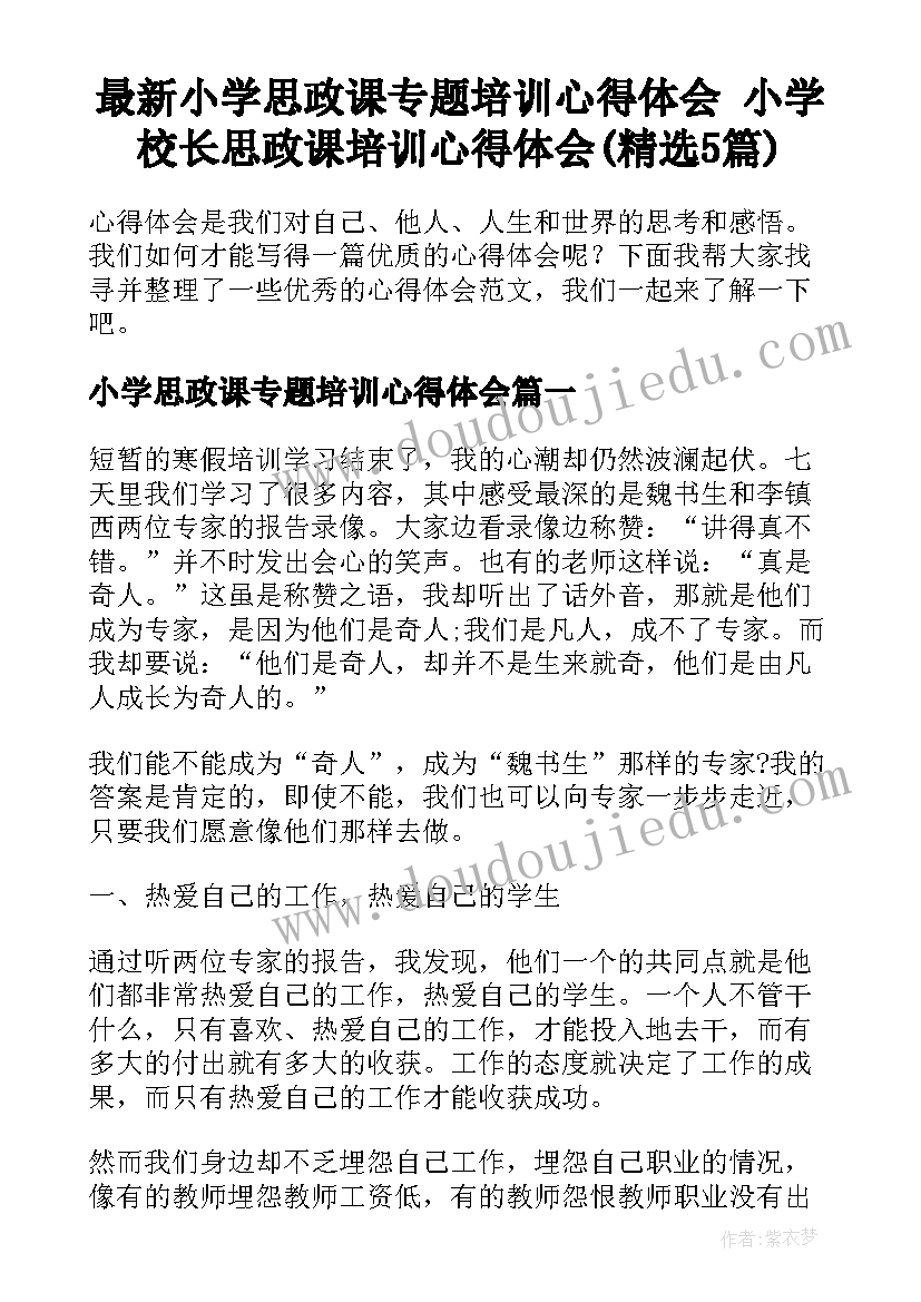 最新小学思政课专题培训心得体会 小学校长思政课培训心得体会(精选5篇)