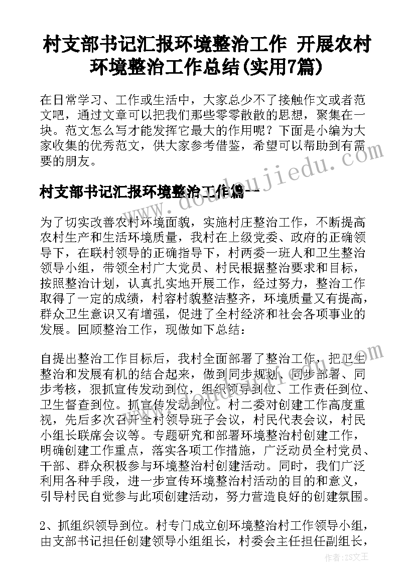 村支部书记汇报环境整治工作 开展农村环境整治工作总结(实用7篇)