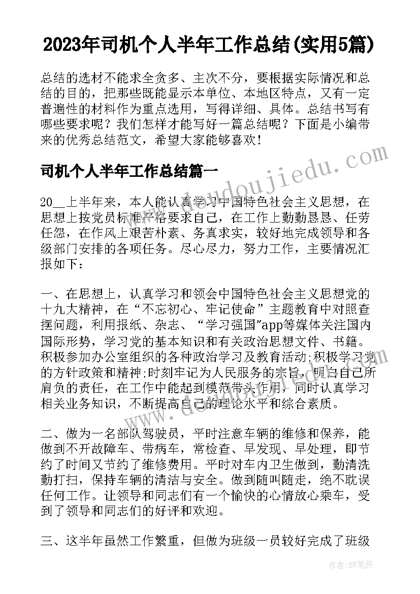 2023年司机个人半年工作总结(实用5篇)