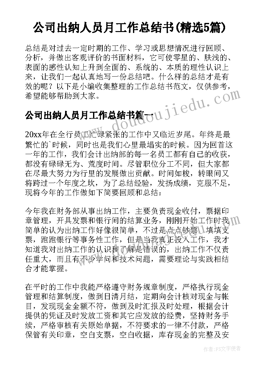 公司出纳人员月工作总结书(精选5篇)