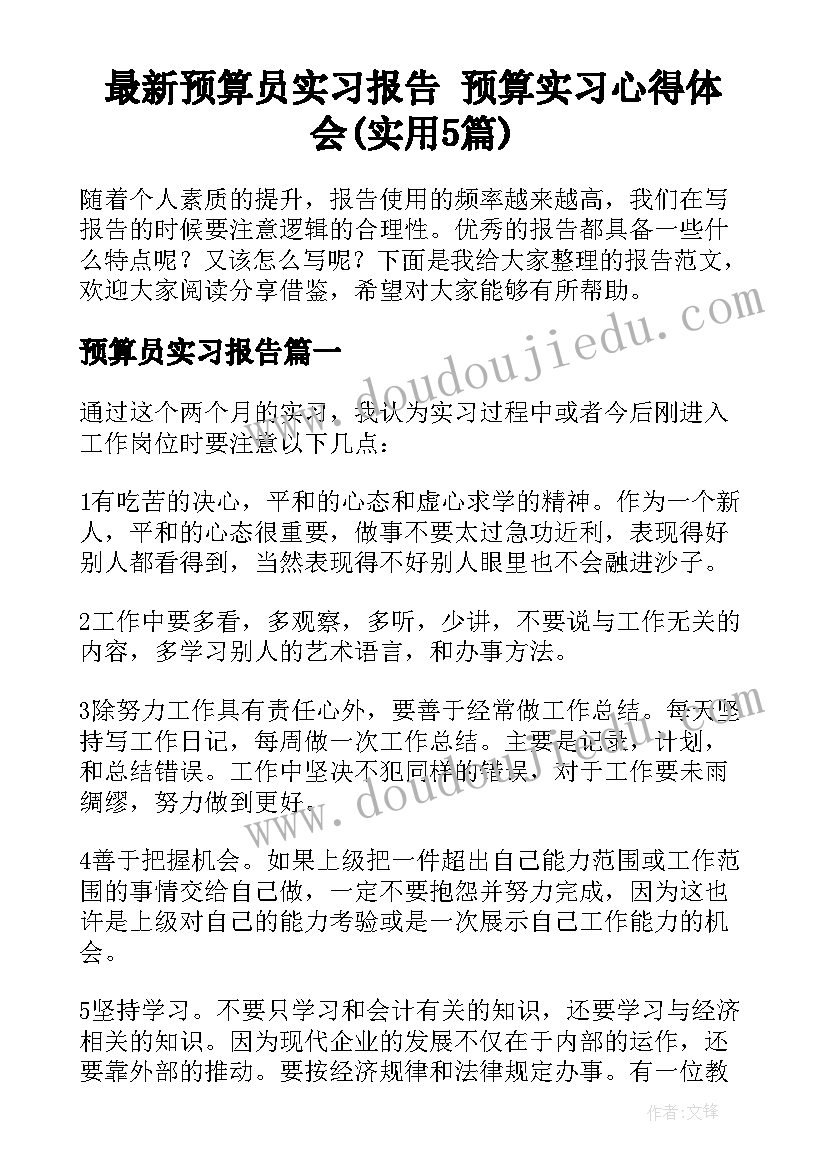 最新预算员实习报告 预算实习心得体会(实用5篇)