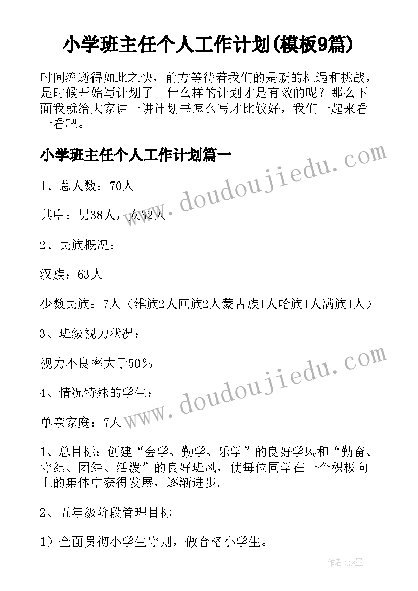 小学班主任个人工作计划(模板9篇)